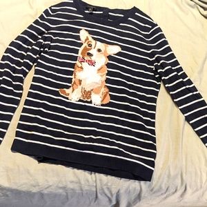 Talbots Corgi sweater navy blue striped small dog art graphic fun conversation